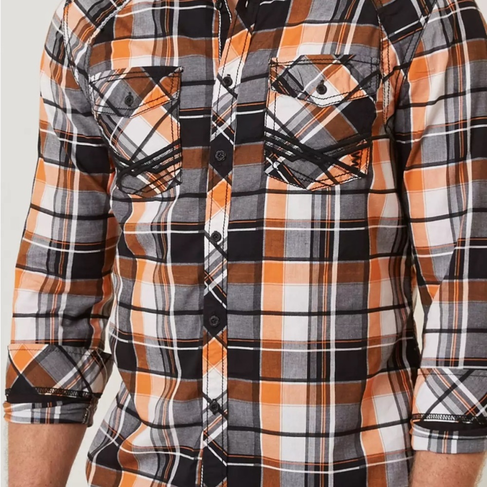 Buckle Black Let Me Down Stretch Plaid Shirt - Orange, Black, White SZ XL